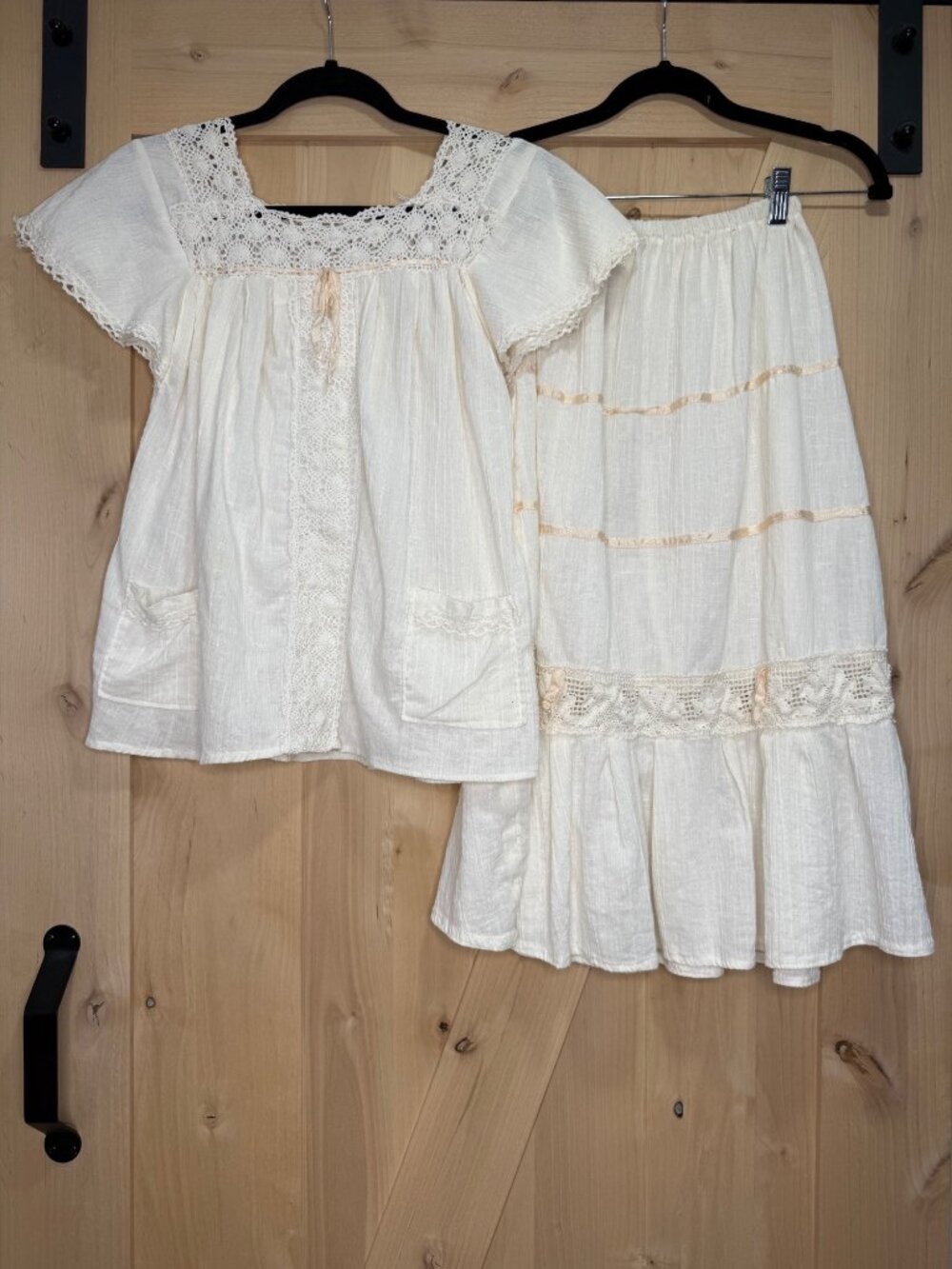 Vintage White Gauze 2 Piece Skirt Blouse Set Crochet Lace Prairie Cottagecore